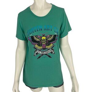 Sullen Angels Women’s T-shirt Top Butterfly Graphic Teal Green Short Sleeve Sz L